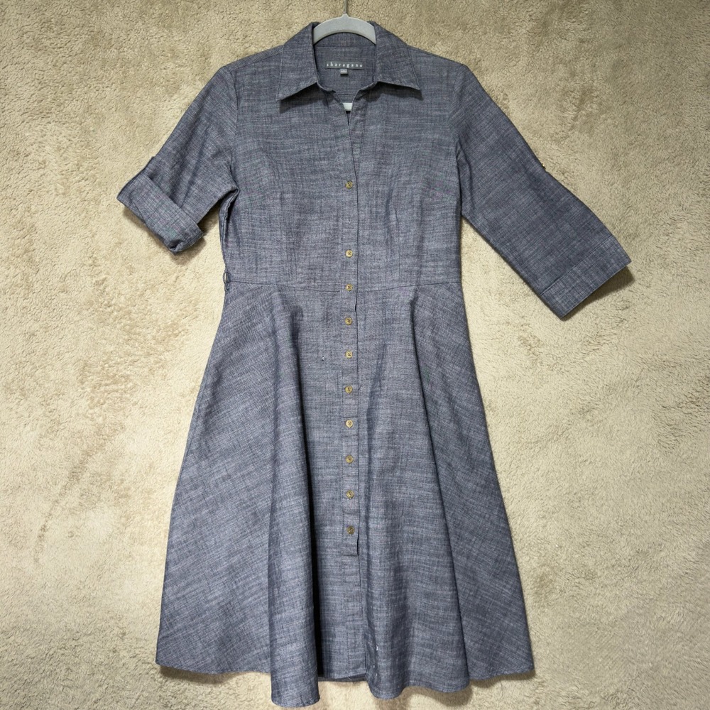 Sharagano Shirt Dress Womens 4 Blue Chambray Midi Button Front Roll Tab Sleeve